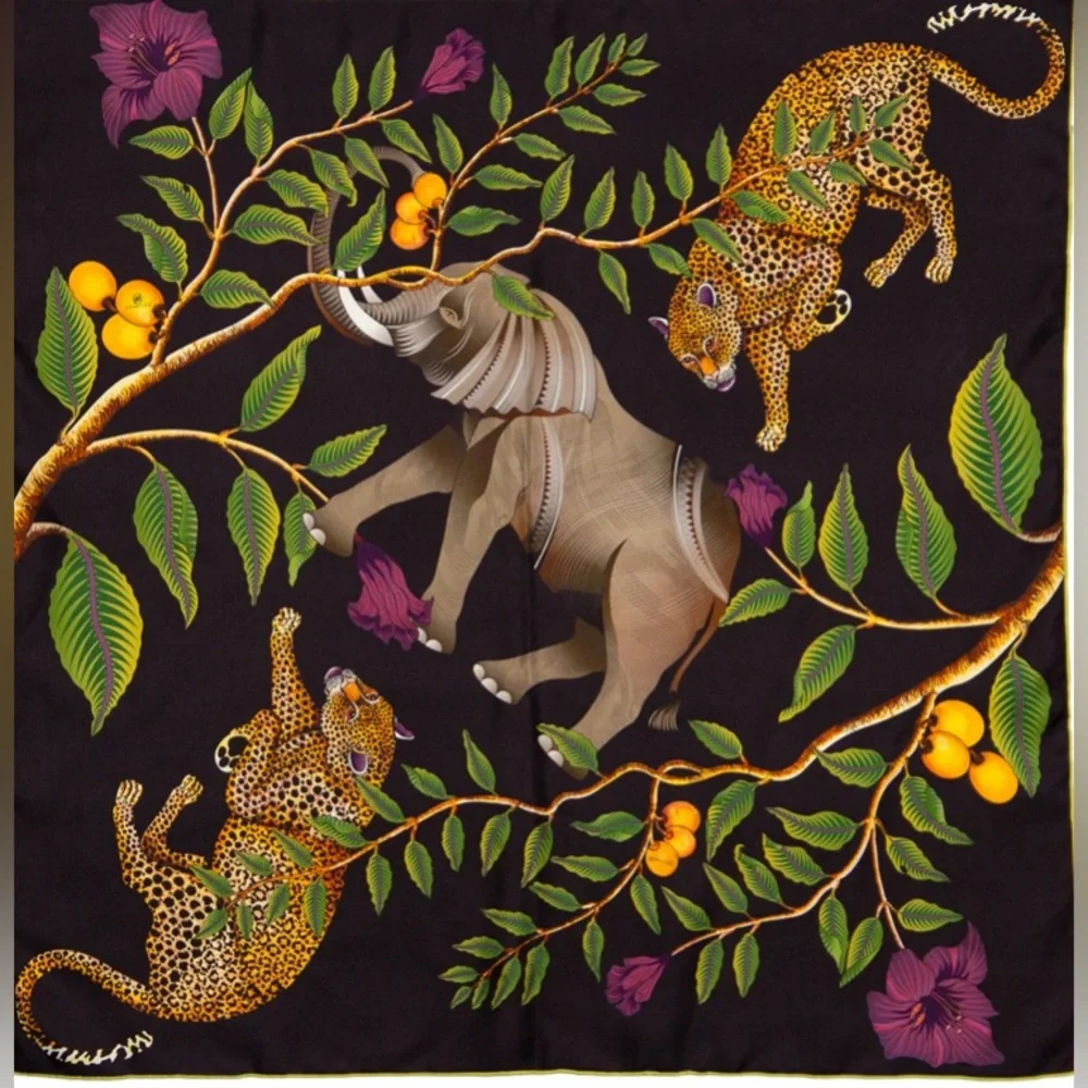 African Design Large, Purple & black silk scarf with elephant, leopards flowers